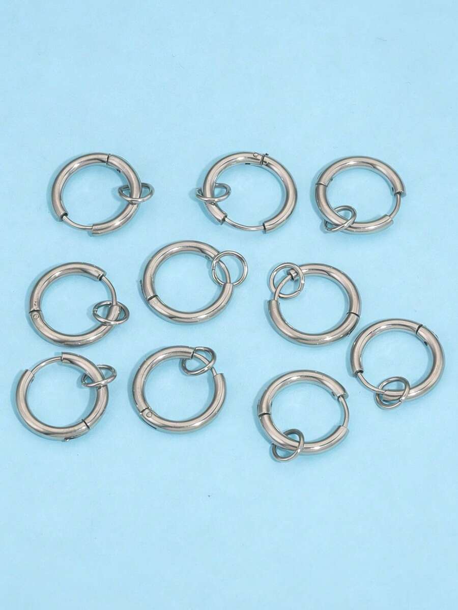 10pcs Stainless Steel Round Earring Hoops With Loops, For DIY Earring Making, Jewelry Accessories - Silver - View 1