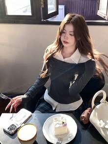 Women 2 In 1 Polo Collar Knit Sweater Patchwork T-Shirt - Grey - View 3