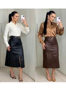Resin-Coated Midi Skirt (Leather Effect) – Elegance And Power In One Look! The Perfect Piece For Those Who Love A Modern, Sophisticated, And Bold Style! - Rỉ Nâu - Xem 3