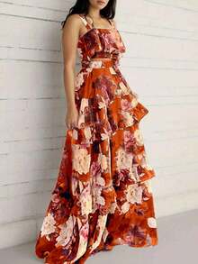 Spring/Summer New Floral Print 2-Piece Set, Ruffled Camisole Top And Maxi Skirt, Bohemian Beach Vacation Casual Outfit For Women - Coral Orange - View 8