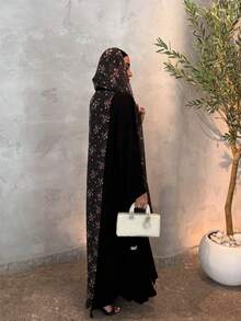Hafizah 優雅女款黑色花卉波點印花雪紡長款晨袍，長袖微彈力面料，度假秋季款 - 黑色 - 查看 8