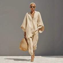 2026 Spring/Summer Fashion Women's Casual Style Bat Sleeve V-Neck Loose-Fit Outfit - Màu Đỏ Sâu - Xem 2