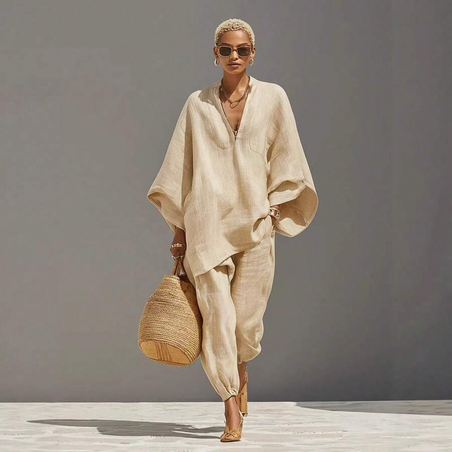 2026 Spring/Summer Fashion Women's Casual Style Bat Sleeve V-Neck Loose-Fit Outfit - Màu be - Xem 1
