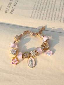 1pc Religious Virgin Mary Charm Bracelet, 1pc Religious Crescent Moon Bracelet, 1pc Fashionable Blue Sakura Bracelet, 1pc Fashionable Heart Tree Of Life Bracelet - Pink - 查看 9