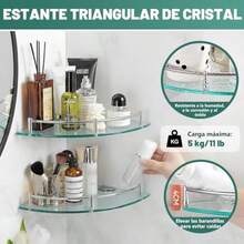 Estante de Esquina de Vidrio Templado para Baño 2 Estantes Flotantes con Riél de Aluminio 8mm de Grosor Acabado Plateado Soporta 5kg Ideal para Organizar Shampoo y Productos de Baño - como en la imagen - Ver 6