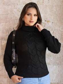 Women's Cold Temperature Sweater High Neck Wool Puff Sleeve Knitted Tricot Braids - 黑色 - 查看 8