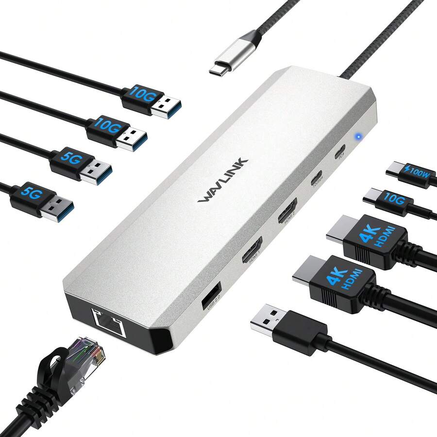 Hub màn hình kép 4K, trạm kết nối laptop 10 trong 1 USB C 10G, bộ chuyển đổi đa cổng với hai cổng HDMI 4K, PD IN 100W, USB-A/C 3.2 10Gbps, USB-A 5Gbps, USB 2.0, Gigabit RJ45 - Xem 1
