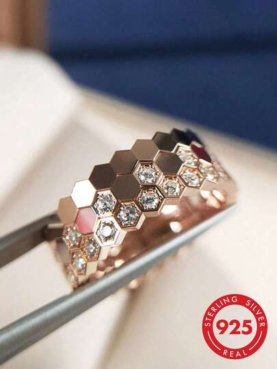 3pcs 925 Sterling Silver Minimalist Honeycomb Design Rings, Elegant Jewelry Gift For Women, Birthday Gift, Party Gift