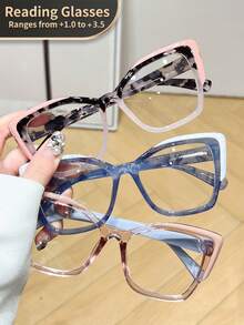 LiMiaoMiao 1 pièce Lunettes de lecture extra larges style chat eye, style vintage pour femmes, verres transparents, grossissement de +1,0 à +3,5 pour ordinateur et lecture - transparent - Voir 2