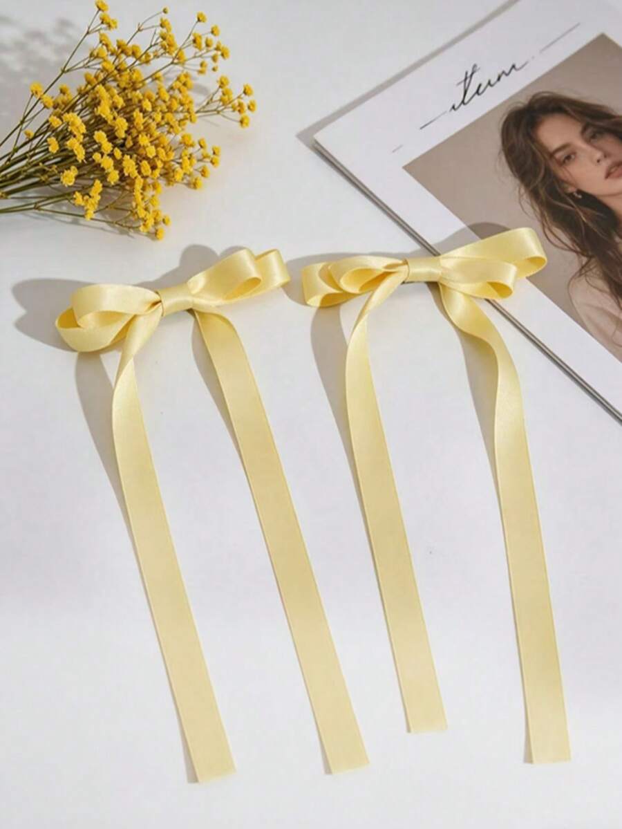 2pcs Women's Ballet Style Pale Yellow Long Ribbon Hair Clips, Fairy Bowknot Hair Accessories, Fashionable Delicate Cute Hair Clips Suitable For Dates, Vacations, Travels, Parties,Summer,Holiday, Head Accessories - Yellow - View 1
