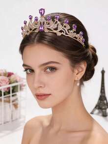1pc Modern Minimalist Baroque Crystal Crown Bridal Headpiece, Wedding Dress Accessory - Purple - View 3