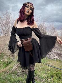 Womens Renaissance Fairy Dress A Line Boho Off Shoulder Corset Dress With Pockets - màu đen - Xem 3