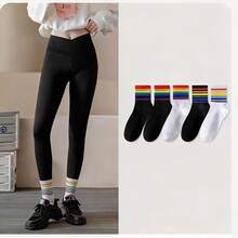 Random 1/3/6/12 Pairs Rainbow Socks, Colorful Striped Casual Mid-Calf Socks, Summer Socks For Women - Multicolor - View 5