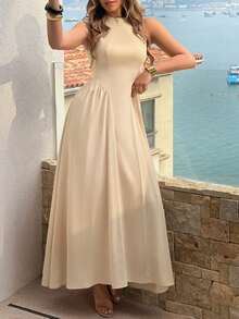 Vestido elegante de mujer Unadoll con cuello redondo, sin mangas, cremallera en la espalda, diseño plisado en el bajo, adecuado para vacaciones, citas, cumpleaños, fiestas y uso en primavera y verano - Albaricoque - Ver 6