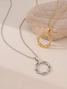 2pcs 24K Gold Plated Copper Geometric Rhinestone Hoop Pendant Necklaces, Minimalist & Elegant, Versatile For Daily Wear, Gift For Girlfriend/Wife - Gold - View 7