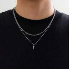 2件套男士不锈钢铆钉吊坠项链，嘻哈街头风双层项链，适合日常佩戴，男友礼物 - 彩色 - 查看 2