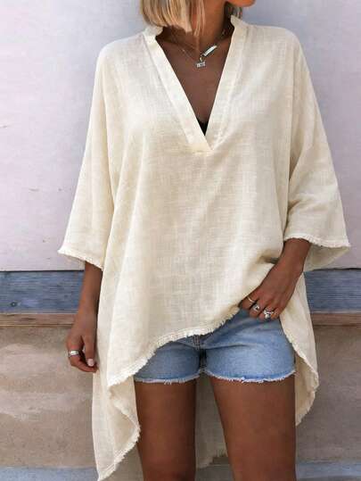 Camisa de mujer de talla grande de tela tejida ligera, blusa semitransparente con cuello en V y bajo irregular, perfecta para atuendo casual de verano