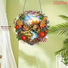 1 pieza Colgante de paisaje rural 2D/plano, kit de pintura de arte de diamante acrílico plano con forma de cristal especial, colgante DIY de cristal para decoración de pared y puerta del hogar, regalo decorativo creativo - A - Ver 8