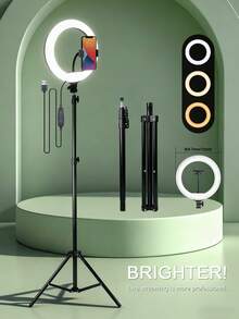 Accesorios de fotografía móvil ajustables de gran tamaño, equipo de transmisión en vivo: Tira de luz de anillo de 10 pulgadas, trípode extensible de 63 pulgadas y soporte para teléfono, luz de anillo LED regulable para fotografía y transmisión en vivo, adecuada para selfie, cámara, maquillaje, video, transmisión en vivo, Día de la Madre, cumpleaños - Negro - Ver 1