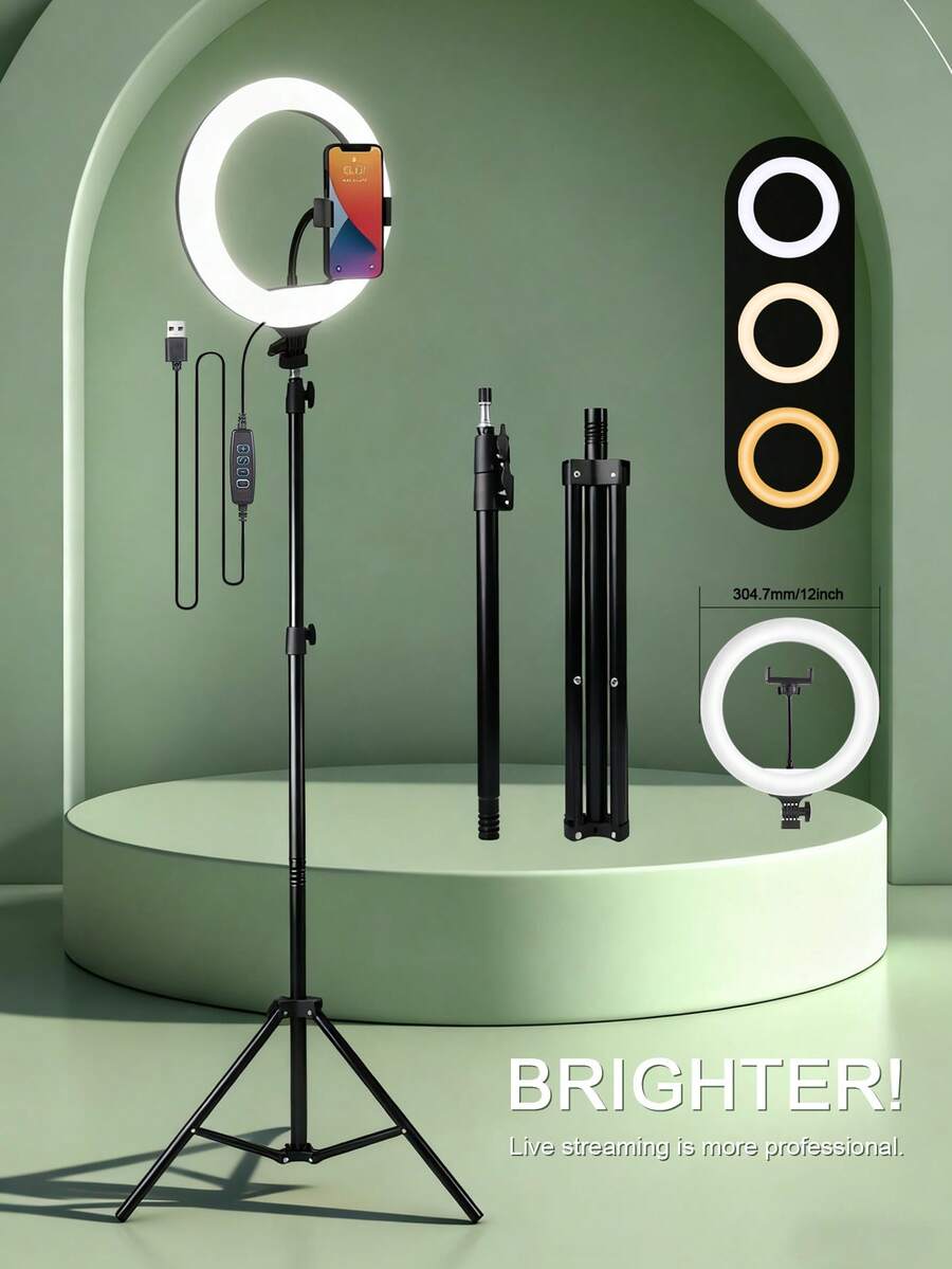 Accesorios de fotografía móvil ajustables de gran tamaño, equipo de transmisión en vivo: Tira de luz de anillo de 10 pulgadas, trípode extensible de 63 pulgadas y soporte para teléfono, luz de anillo LED regulable para fotografía y transmisión en vivo, adecuada para selfie, cámara, maquillaje, video, transmisión en vivo, Día de la Madre, cumpleaños - Negro - Ver 1