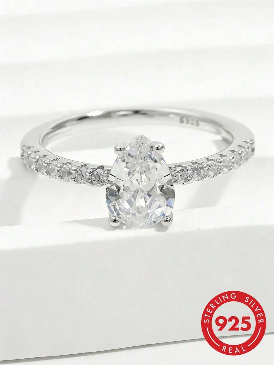 1 pieza Anillo solitario de gota elegante y de moda, clásico y minimalista, de plata 925 brillante, adecuado para mujeres, compromiso, boda, cita, regalo de fiesta - Plateado - Ver 1