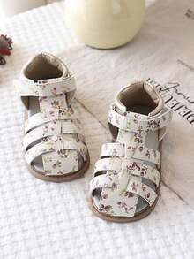 1 Pair Baby Girls' Floral Woven Sandals, Hook And Loop Design, Soft Sole Non-Slip Children Shoes - Beige - View 3