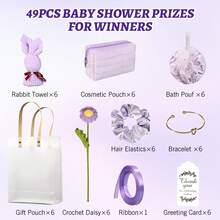 49 piezas/6 sets Premios para ganadores de baby shower, set de regalos de baby shower que incluye toalla, bolsa de cosméticos, pulsera, diadema de margarita de ganchillo, recuerdos de fiesta, revelación de género, decoraciones de fiesta de cumpleaños, regalos de boda - Púrpura malva - Ver 8