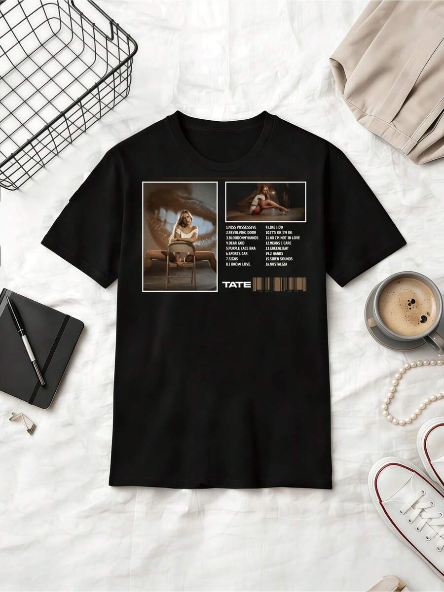 Tate McRae Canadian Singer-Songwriter Album Tracklist Graphic Summer Cotton Casual Short Sleeve T-Shirt - Black - View 1