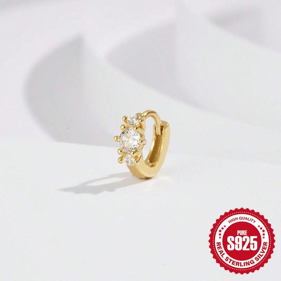 1件精致时尚925纯银镀金三石锆石耳环，低过敏性首饰，适合女性、女孩日常佩戴、派对、婚礼、母亲节等场合。