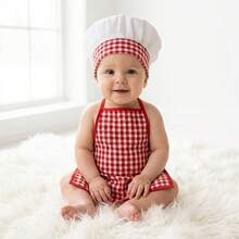 2 Stück Neugeborenen Fotografie Requisiten süßer karierter Kochmütze und Schürze Set, Baby Fotoshooting Zubehör für Innenaufnahmen - Verschiedenfarbig - Übersicht 10