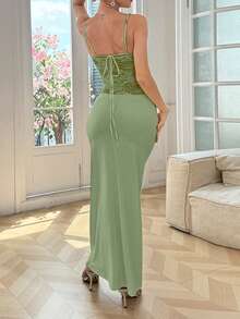 1pc Elegant Patchwork Backless Knit Dress, Suitable For Party, Date Night, Beach Vacation, Spring/Summer - Green - View 2