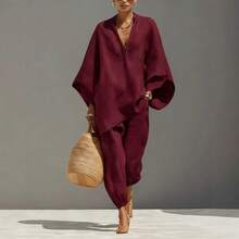 2026 Spring/Summer Fashion Women's Casual Style Bat Sleeve V-Neck Loose-Fit Outfit - Màu Đỏ Sâu - Xem 1