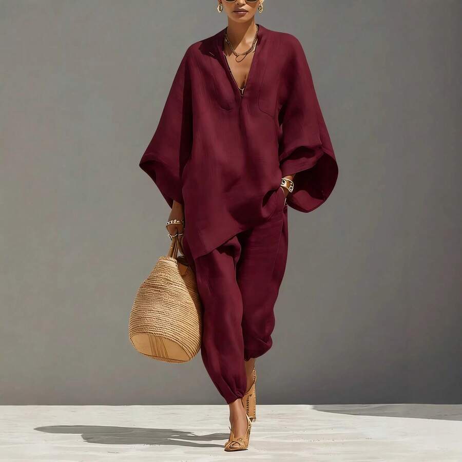 2026 Spring/Summer Fashion Women's Casual Style Bat Sleeve V-Neck Loose-Fit Outfit - Màu Đỏ Sâu - Xem 1
