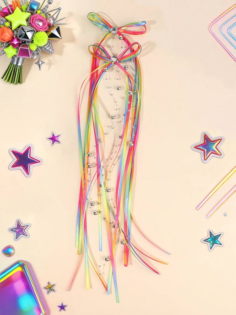 2pcs Rainbow Color Hair Clips, Y2K Style Hair Accessories With Rhinestone Silver Ball Decor, Cute & Hair Clips For Party, Wedding, Gift, Shopping, Music Festival, Teenagers - Mixed color - View 1