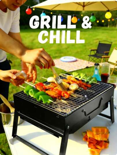 1pc Portable Foldable Stainless Steel Barbecue Grill, Large Smokeless Charcoal Grill! Sturdy Structure, Compact And Easy To Store, Suitable For Outdoor Camping, Picnics, Backyard BBQ; Essential For Beginner Campers, BBQ Enthusiasts, Family Gatherings, Gifts, And Outdoor Activities