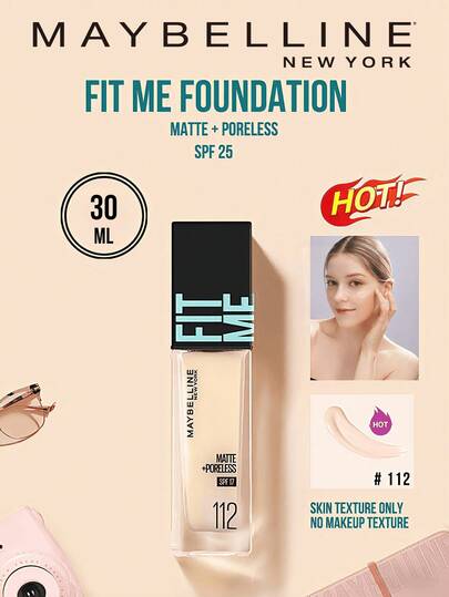 Maybelline Fit Me 哑光无瑕粉底液 SPF 17 #112 奶油象牙色，5/30ml，24 小时保湿，三合一（妆前/补妆/提亮），无痕哑光妆效，持久滋养，轻松三步上妆，适合白皙至浅肤色及油性肌肤，打造持久无瑕底妆。