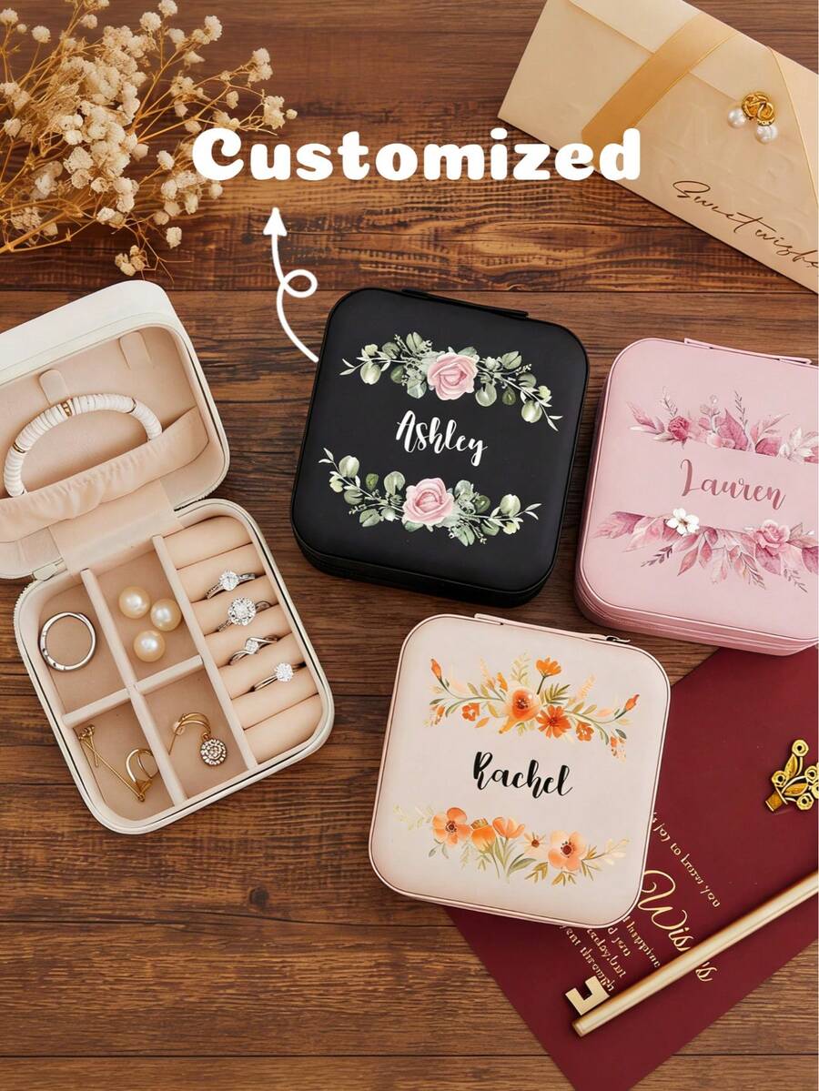 1 hộp đựng trang sức cá nhân hóa, hộp đựng trang sức du lịch, quà tặng đặt làm riêng cho sinh nhật, lễ tình nhân, đám cưới, khắc tên, hộp trang sức màu hồng, hộp trang sức màu đen - Nhiều màu - Xem 1