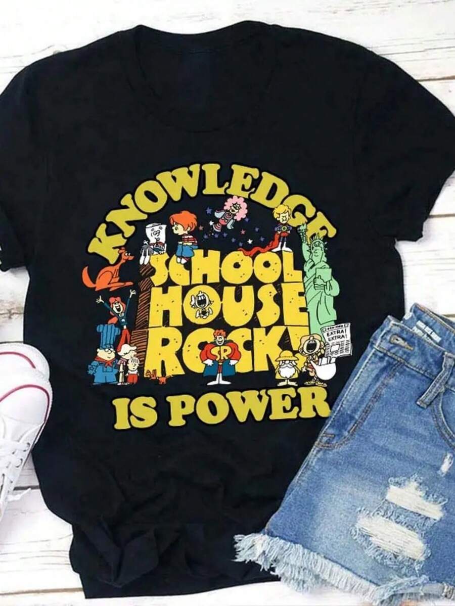 Knowledge Is Power Schoolhouse Rock Inspired Graphic T Shirt Casual Round Neck Design With Vintage Cartoon Characters And Bold Yellow Text Perfect For Fans Of Educational Music And Retro Pop Cult - Black - View 1
