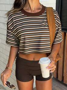 Atasan Wanita Ukuran Besar Motif Garis-Garis Warna-warni Leher Bulat Pendek Bahan Rajut Elastis Sedang Panjang Reguler untuk Musim Panas dan Kasual - Coffee Brown - View 3