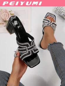 PEIYUMI Giày sandal cao gót hình chữ H đính đá cho nữ, phù hợp cho tiệc tùng, dạo phố, hộp đêm, đi làm, kiểu dáng thanh lịch và thời trang như nàng tiên. - màu đen - Xem 5