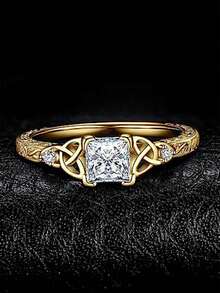 1 chiếc nhẫn hình nút thắt Celtic sang trọng đính đá Cubic Zirconia, phù hợp cho nữ, lý tưởng cho đám cưới, lễ đính hôn, tiệc kỷ niệm, quà tặng ngày Valentine. - Vàng - Xem 1
