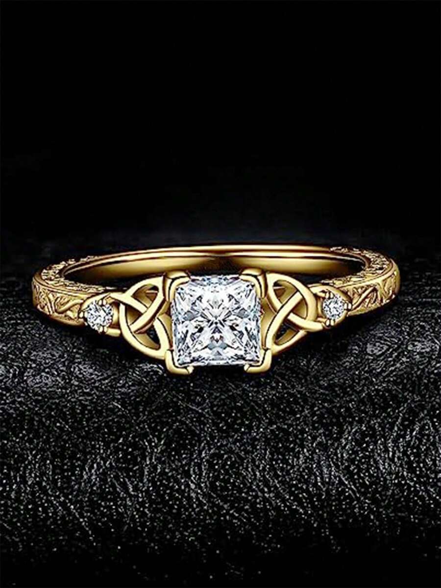 1 chiếc nhẫn hình nút thắt Celtic sang trọng đính đá Cubic Zirconia, phù hợp cho nữ, lý tưởng cho đám cưới, lễ đính hôn, tiệc kỷ niệm, quà tặng ngày Valentine. - Vàng - Xem 1