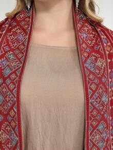 Vestido elegante bordado colorido tradicional para festivais, modelo 2026, JALABIA, com frente aberta e sem mangas, roupa com toque de sofisticação. - Vermelho - Ver 6
