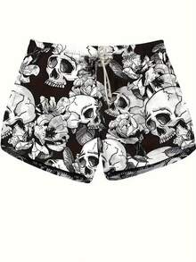 Plus Size Drawstring Adjustable Skull Sports Shorts Casual Gothic - Black and White - View 1