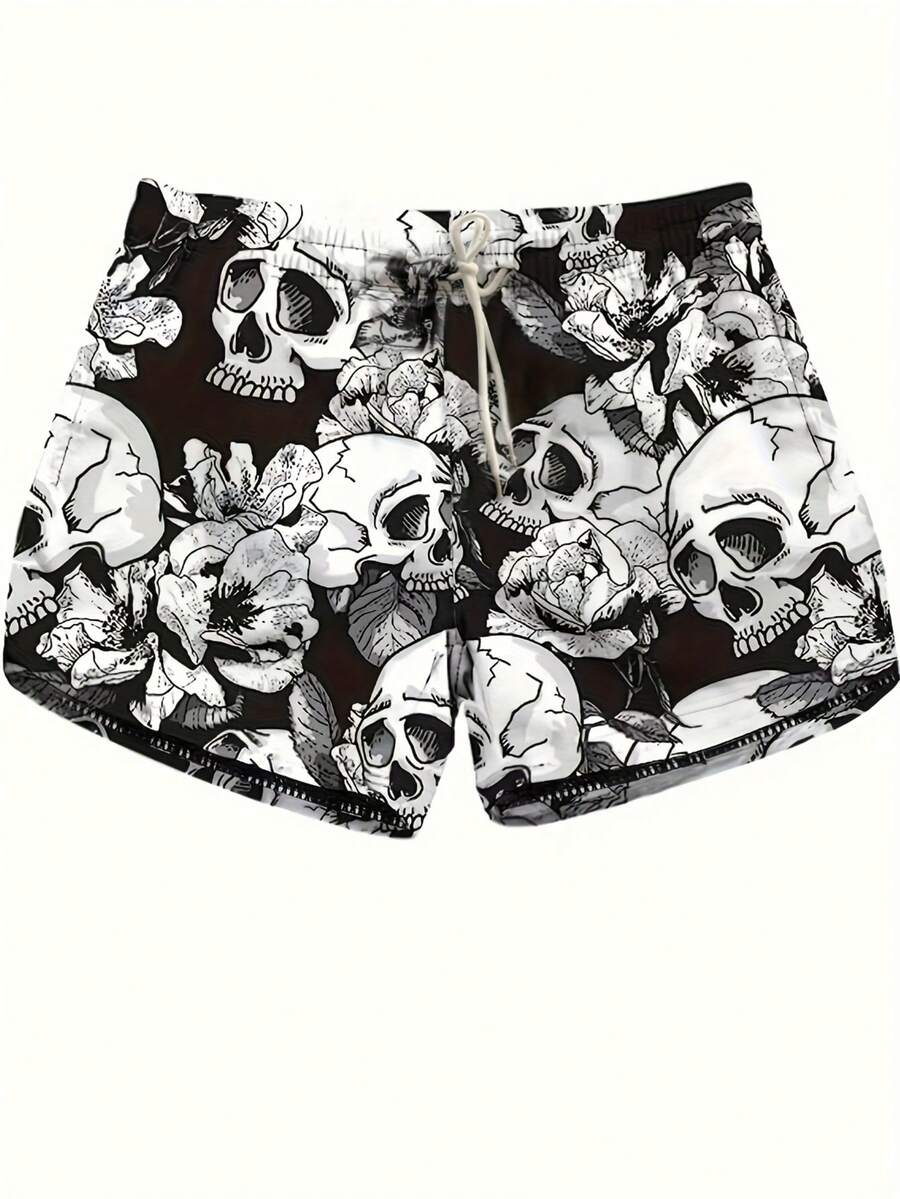 Plus Size Drawstring Adjustable Skull Sports Shorts Casual Gothic - Black and White - View 1