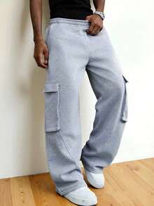 男士浅灰色宽松工装裤，松紧腰带，多口袋，街头风 - 淺灰色 - 查看 3