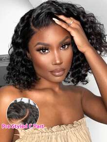 无胶深波浪蕾丝前假发 13x5 C型透明蕾丝水波纹长卷发假发，180%密度，巴西真人发水波纹蕾丝前假发，预先拔毛并带有婴儿发。 - Natural Black - 查看 5