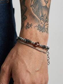 1 chiếc vòng tay nam kiểu retro hai lớp, dây kim loại bạc với mặt dây chuyền đá mã não, phụ kiện đeo tay phong cách đường phố cá tính. - Bạc - Xem 3