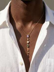 1件简约多功能高端彩色锆石长吊坠项链，适合男士日常佩戴 - 彩色鋯石長吊墜項鍊 - 查看 2