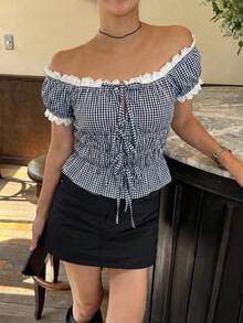 Summer New Women's Plaid Patchwork Ruffle Hem Short Sleeve Shirt, Off-Shoulder Two-Way Cinched Waist Slim Fit Blouse - Navy Blue - View 3